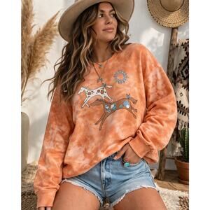 Vintage Horse Graphic Tie Dye Sweatshirt XL Orange Western Southwest Crewneck